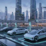 Futuristic electric cars charging in an urban setting, showcasing 2026 EV technology.