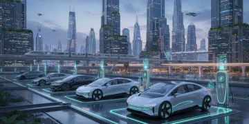 Futuristic electric cars charging in an urban setting, showcasing 2026 EV technology.