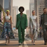 Diverse individuals modeling 2026 US fashion trends in a vibrant city setting.