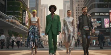 Diverse individuals modeling 2026 US fashion trends in a vibrant city setting.