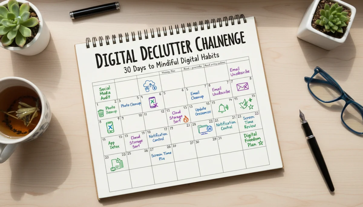 30-day digital decluttering plan on a calendar with tasks