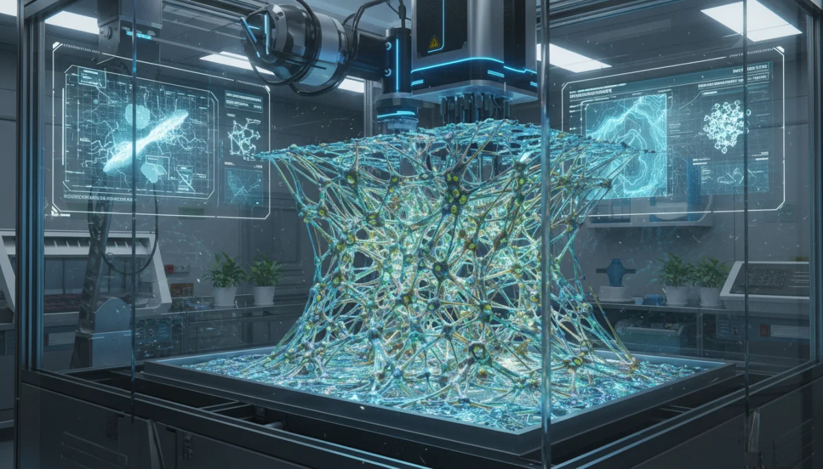 3D printing of advanced textile structure in a high-tech lab setting.