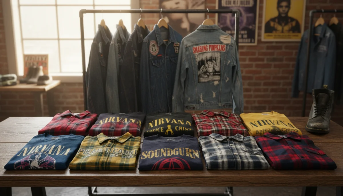 90s grunge fashion display in a modern boutique