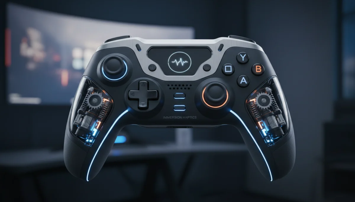 Close-up of an advanced gaming controller with haptic feedback and adaptive triggers.