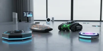 Four advanced robot vacuums on a modern living room floor, ready for review.