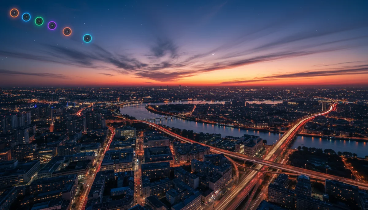 Aerial view of vibrant cityscape at dusk from drone