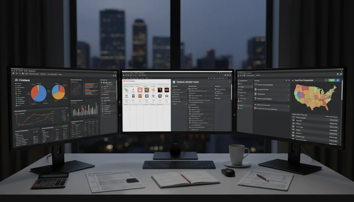 Multiple monitors displaying affiliate dashboards and tax software