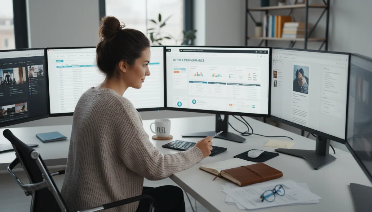 Affiliate marketer analyzing performance data on multiple screens