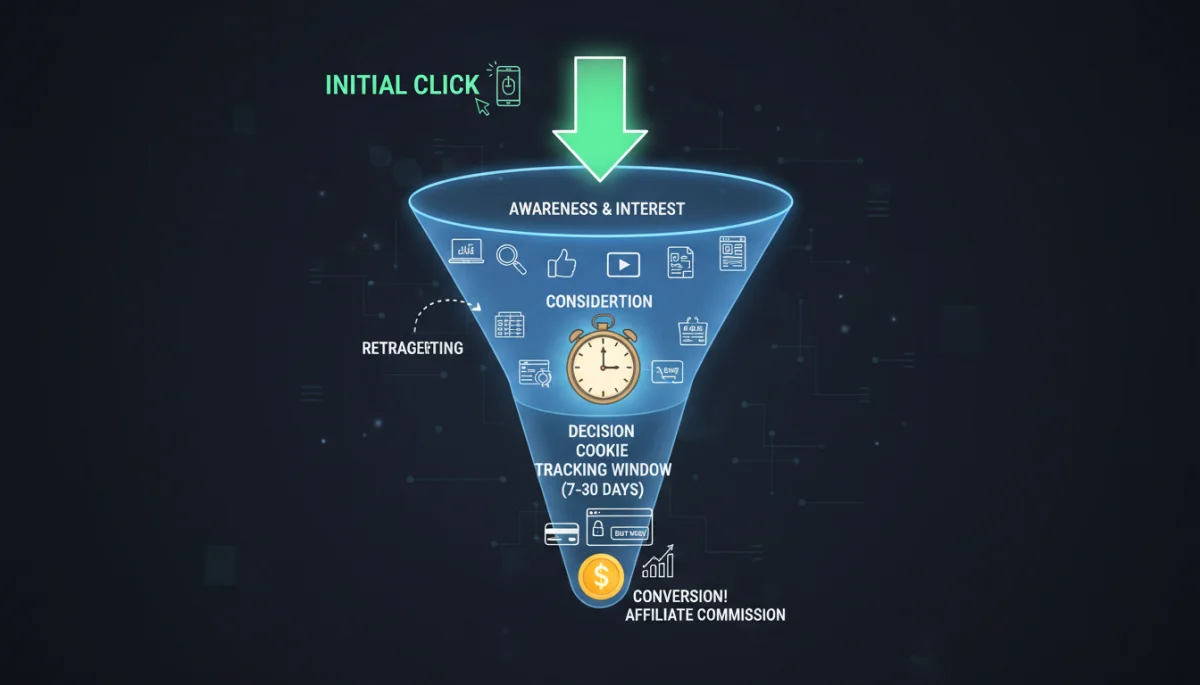 Affiliate marketing conversion funnel with cookie tracking