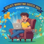Illustration of a person succeeding in affiliate marketing with a laptop, money, and growth charts.