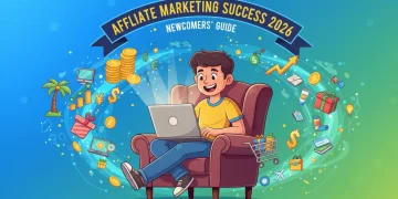 Illustration of a person succeeding in affiliate marketing with a laptop, money, and growth charts.
