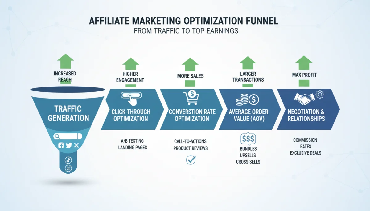Infographic depicting the affiliate marketing optimization funnel, emphasizing negotiation for higher rates.