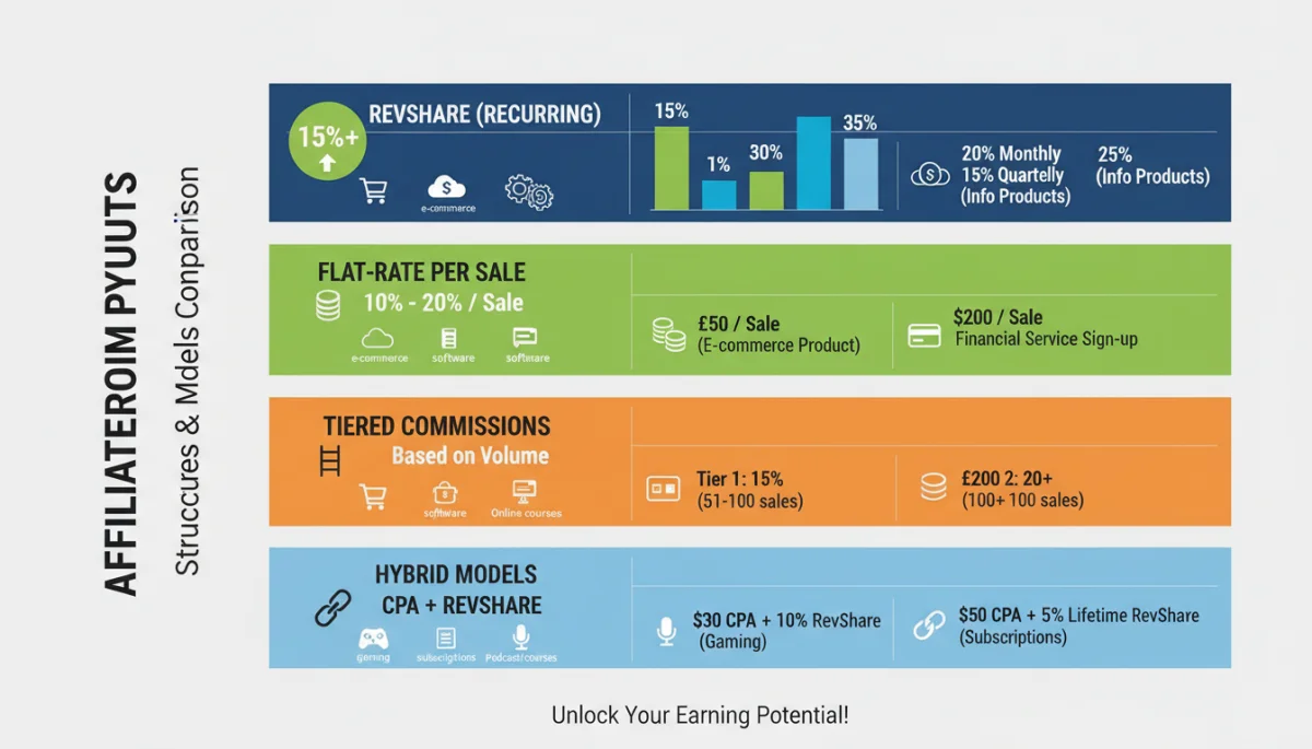 Infographic comparing affiliate program commission structures and payout models