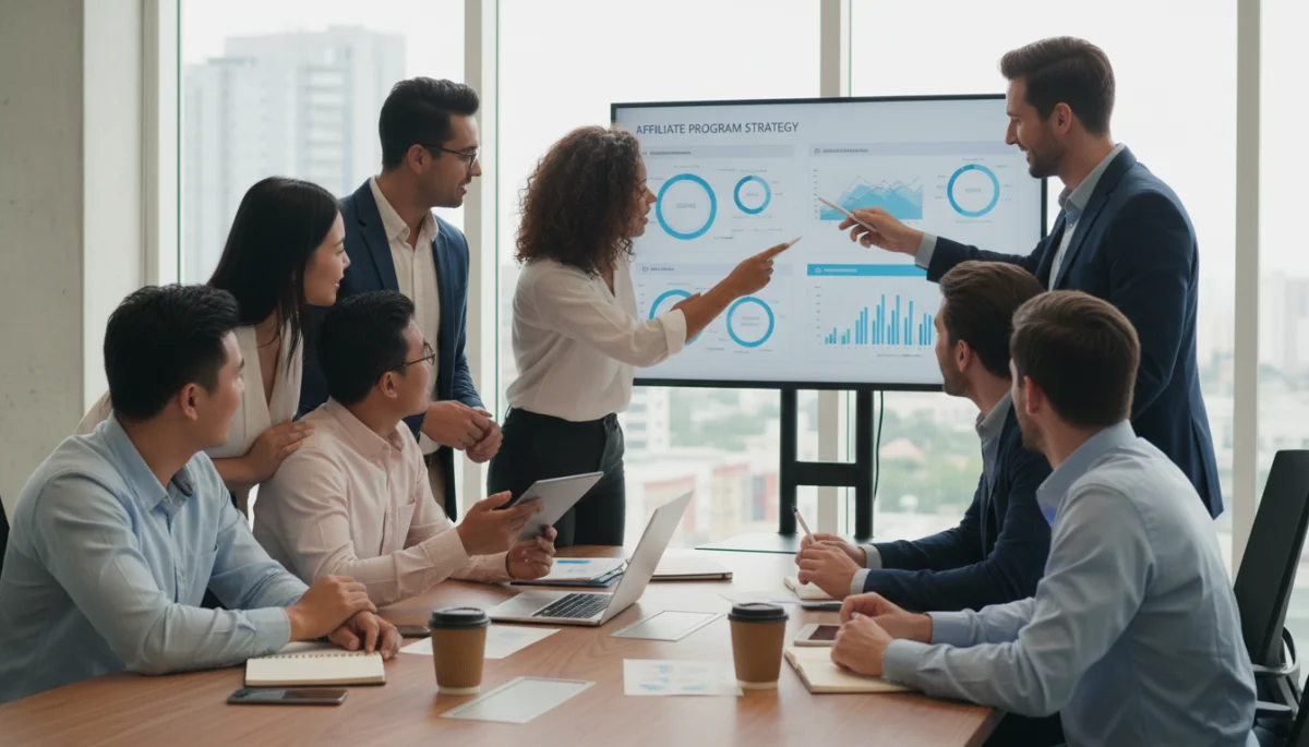 Affiliate managers collaborating on program strategy and reports