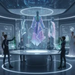 AI-powered fashion forecasting studio showing futuristic trend predictions on holographic displays.