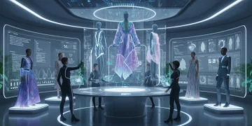 AI-powered fashion forecasting studio showing futuristic trend predictions on holographic displays.