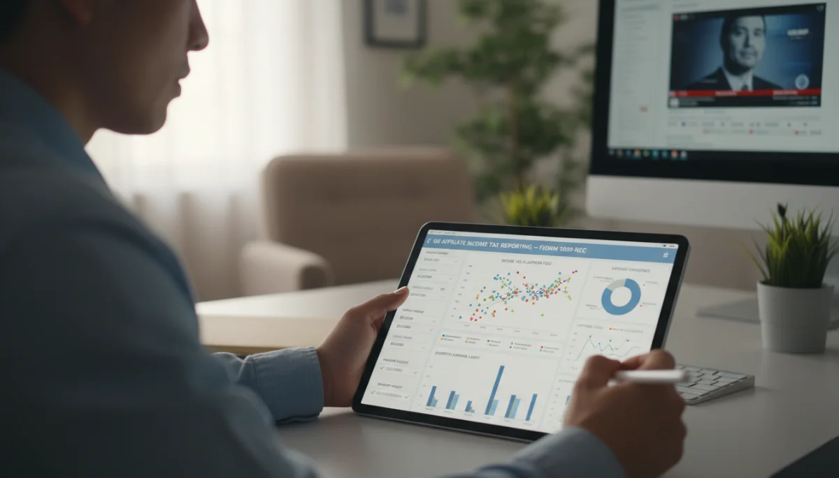 Person analyzing digital tax forms for affiliate income
