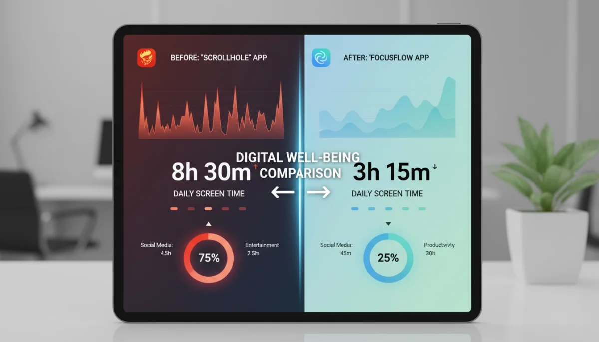 Side-by-side comparison of two digital well-being apps showing screen time data.