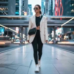 Woman in athleisure outfit blending gym and street style in urban setting