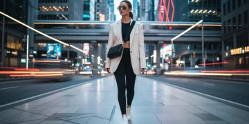 Woman in athleisure outfit blending gym and street style in urban setting