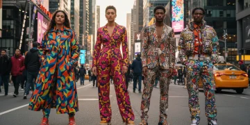 Diverse individuals showcasing bold prints in late 2026 US fashion