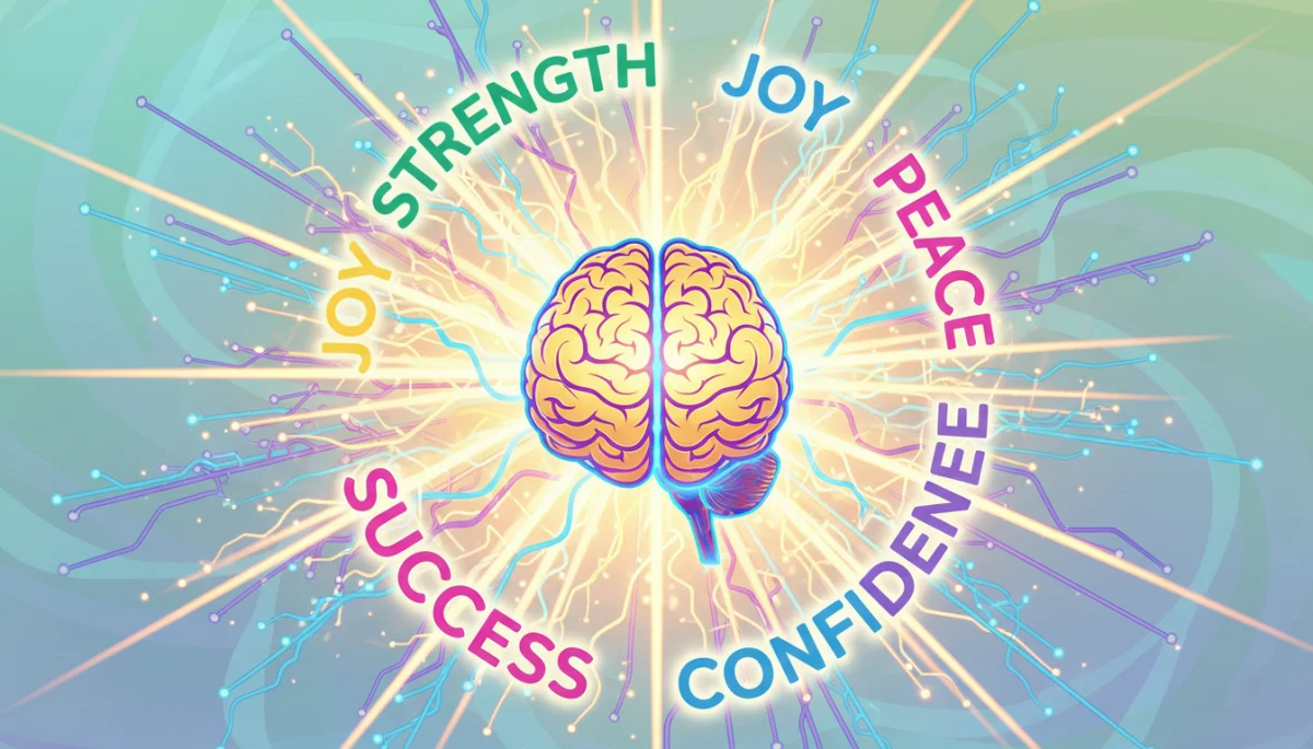 Brain graphic radiating positive words and energy