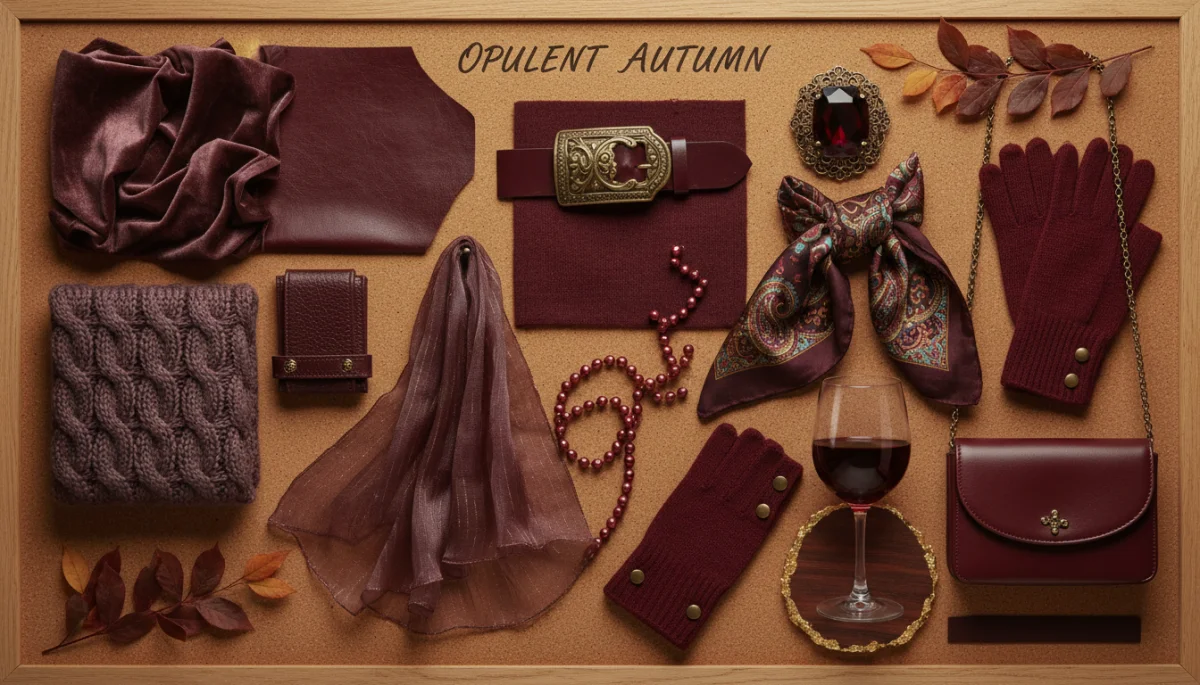 Burgundy fabric swatches and accessories mood board