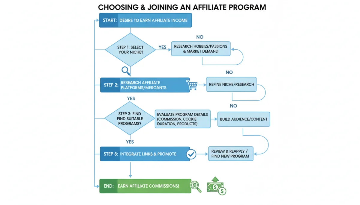 Infographic showing steps to choose and join an affiliate program for beginners.