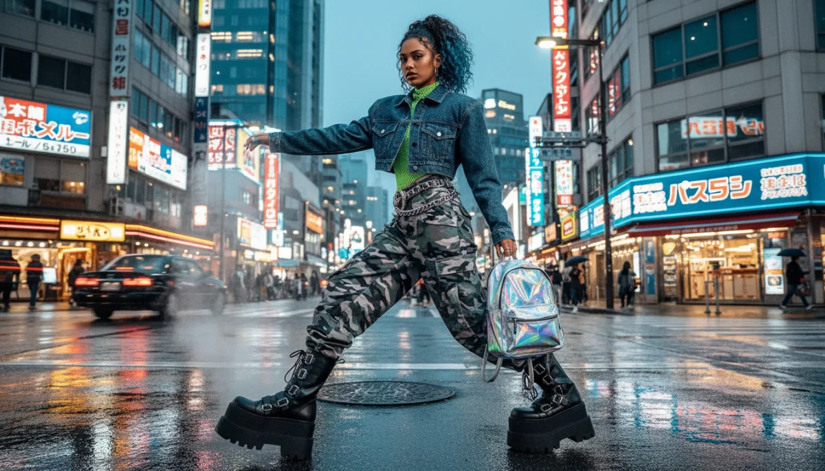 Model wearing chunky platform boots in a fashionable urban setting.