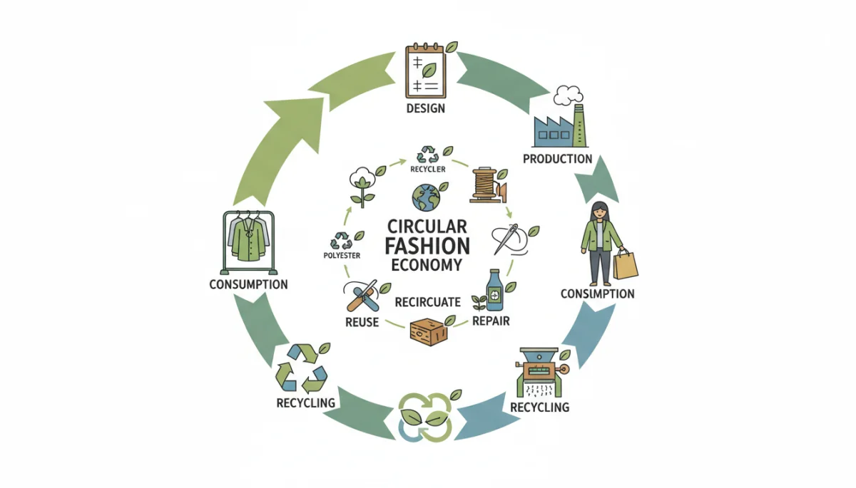 Circular economy diagram for sustainable fashion, illustrating reuse and recycling.