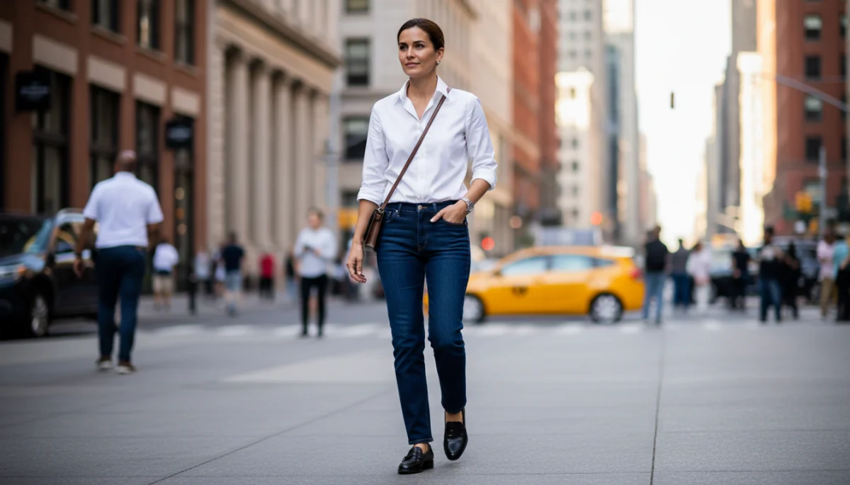 Stylish model wearing a classic white button-down shirt and dark jeans, walking in an urban setting, showcasing versatile elegance.