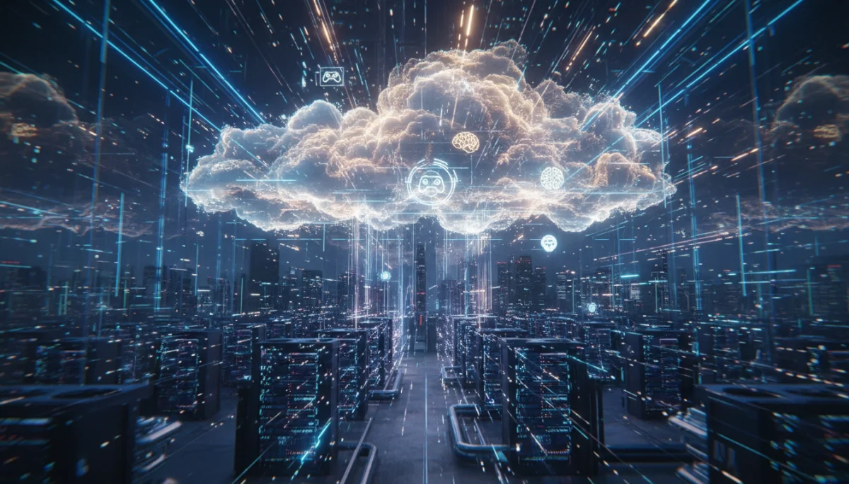 Cloud gaming infrastructure with interconnected servers and AI processing units.