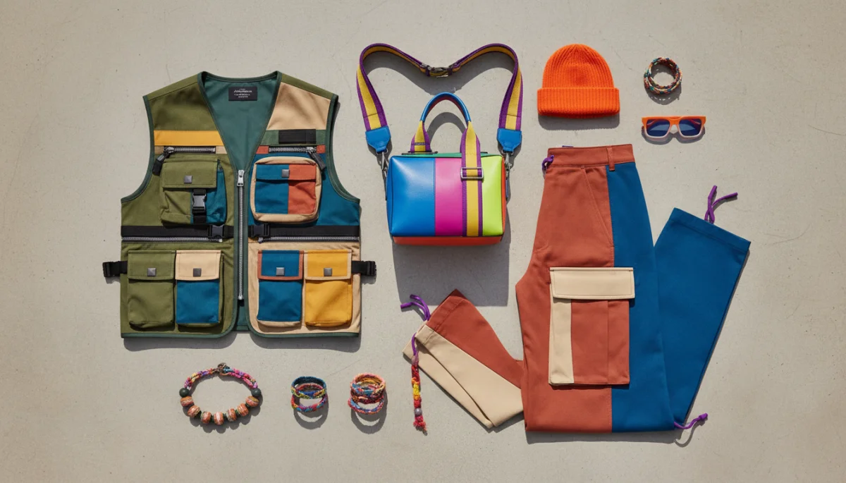 Flat lay of vibrant color block and utility fashion items