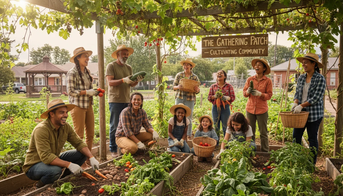 Community garden members laughing and harvesting, demonstrating shared joy.