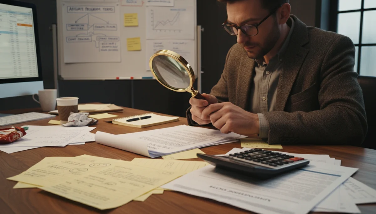 Person analyzing an affiliate contract with a magnifying glass, focusing on terms and preparing for negotiation.