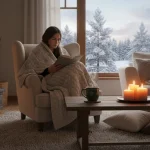Cozy living room with fireplace, candles, and warm blanket for winter hygge