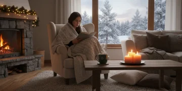 Cozy living room with fireplace, candles, and warm blanket for winter hygge