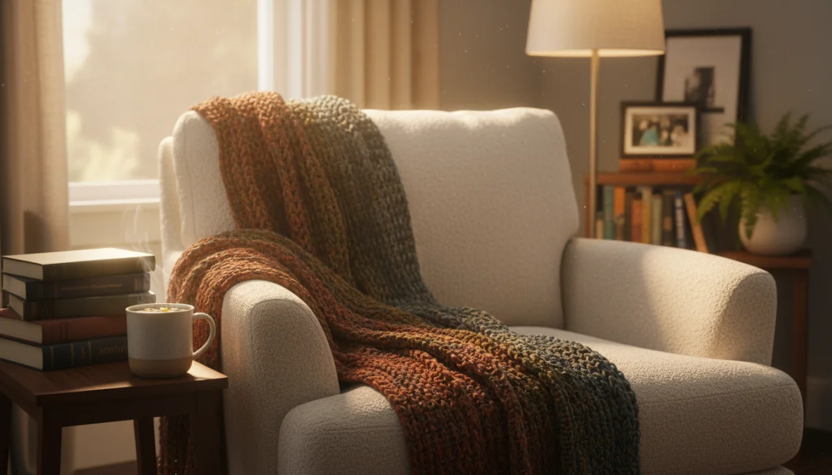 Cozy reading nook with warm lighting and comfortable furnishings for relaxation.