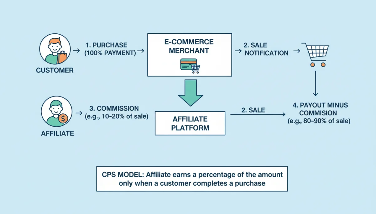 Infographic detailing the mechanics of a Cost Per Sale (CPS) affiliate commission model.