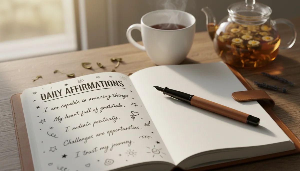 Open journal with handwritten daily positive affirmations