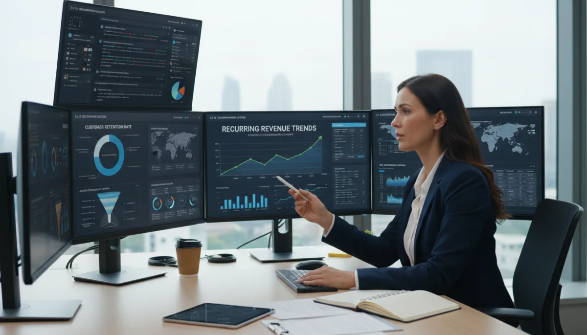 Professional analyzing data to optimize recurring commission affiliate program performance.