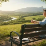 Person enjoying nature, phone face down, symbolizing digital detox and peace.