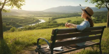 Person enjoying nature, phone face down, symbolizing digital detox and peace.