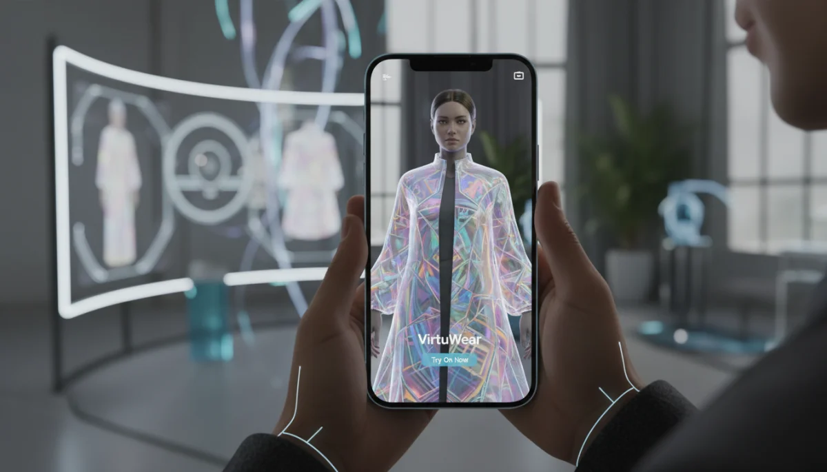 Hands using a virtual try-on fashion app on a smartphone, showcasing digital fashion.