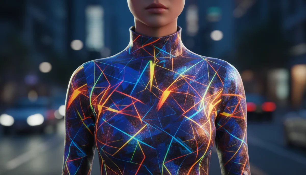 Model wearing digitally inspired geometric print fashion