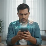 Digital Well-being Tools: Reduce Screen Time by 15% This Year Person using a smartphone with digital well-being app icons, representing screen time reduction.
