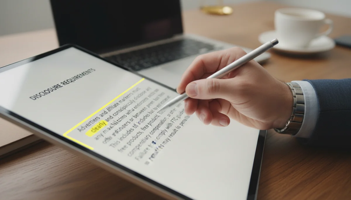 Hand pointing to a disclosure clause in a legal document, emphasizing FTC compliance.