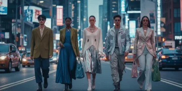 Diverse individuals modeling gender-fluid fashion on a city street in 2026, featuring oversized blazers and flowing trousers.