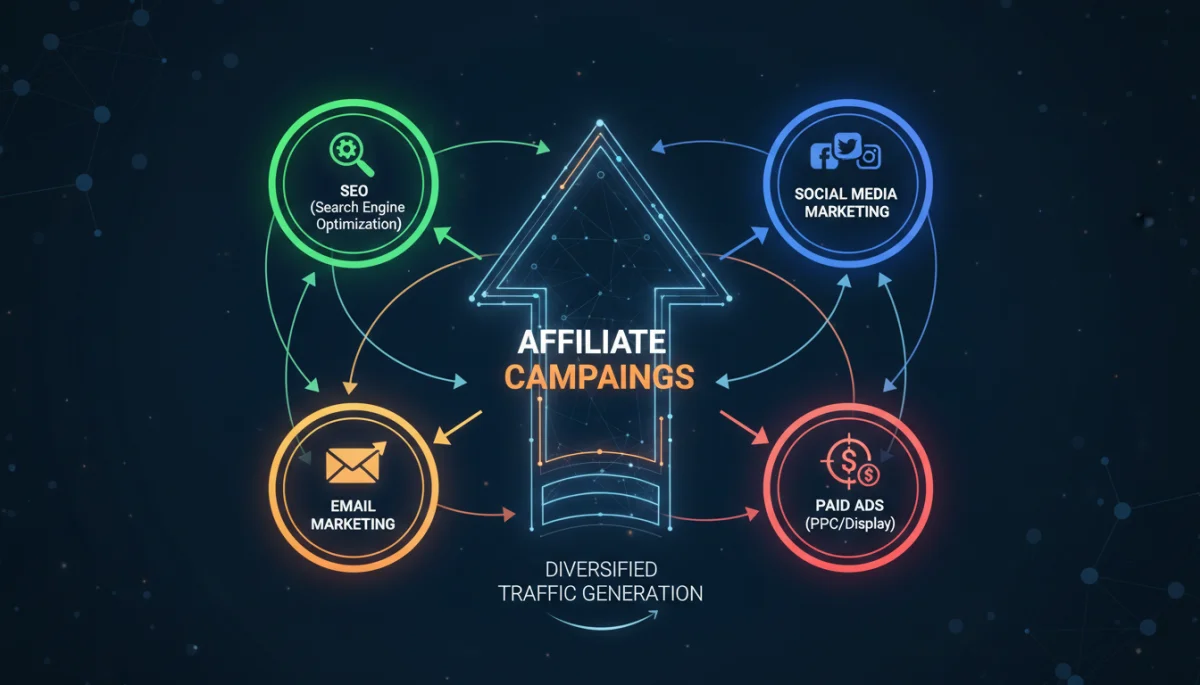 Diverse digital marketing channels for affiliate traffic generation