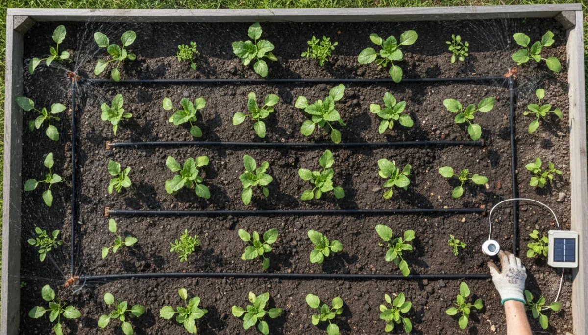 Garden bed with drip irrigation and soil moisture sensor for smart watering